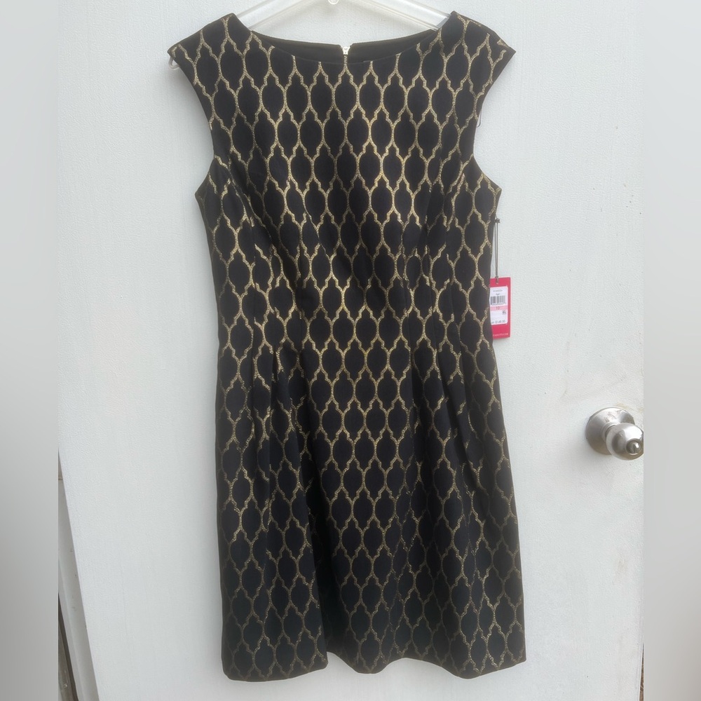 Vince Camuto, black, fit and flare cap sleeve dress with gold Graphic design